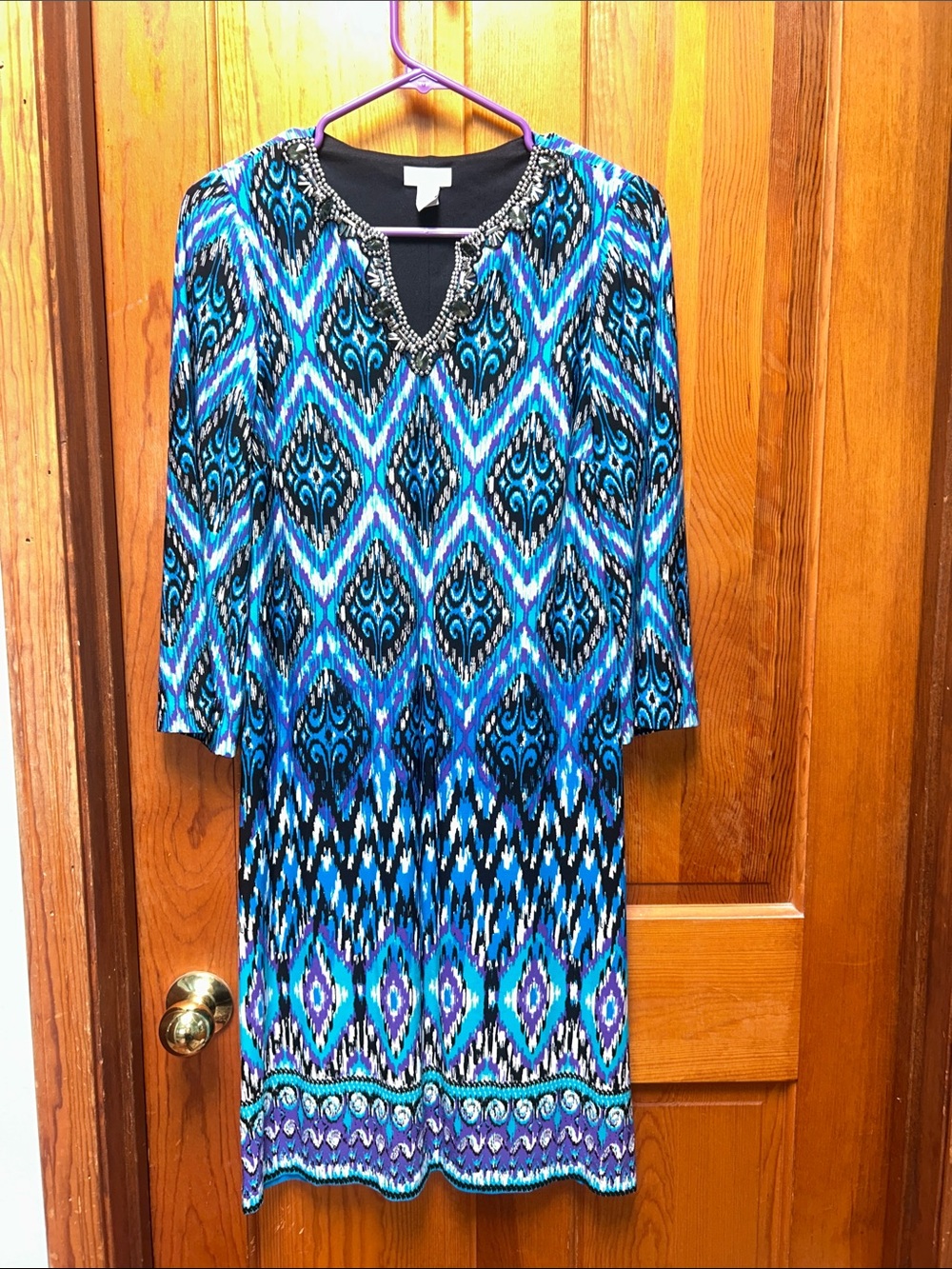 Chico's Blue & Black Beaded V-Neck Long Sleeve Dress